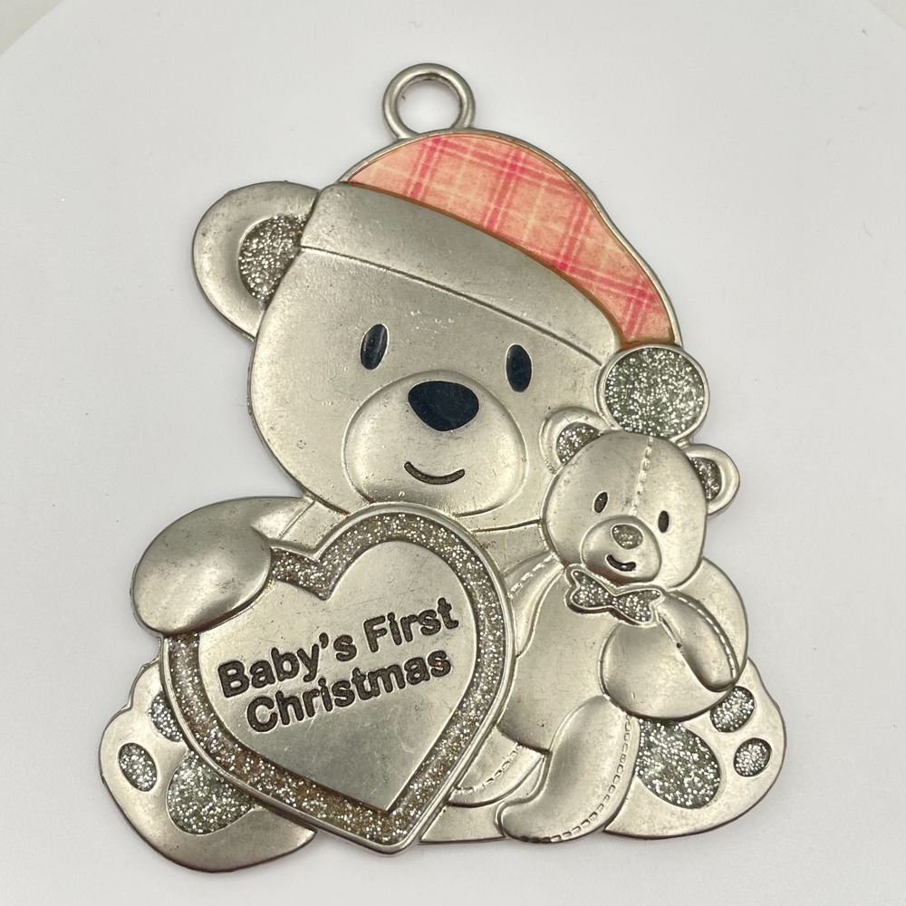 Vintage 90s Silver Tone Baby's First Christmas Pendant Teddy Bear Heart Glitter